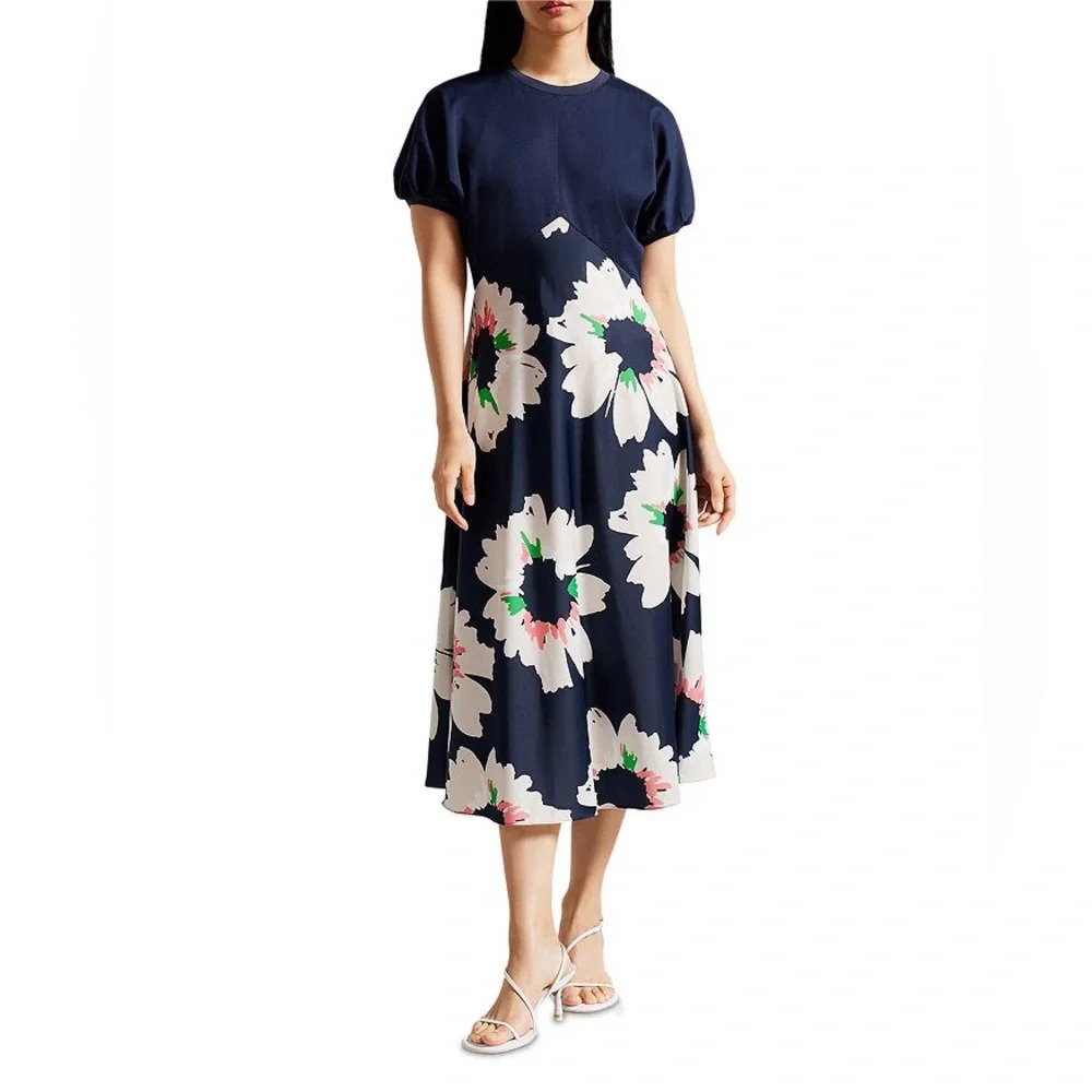 Ted Baker Dress Women’s 2 Chic Floral Midi Flare Puff Sleeve Navy Wedding Guest